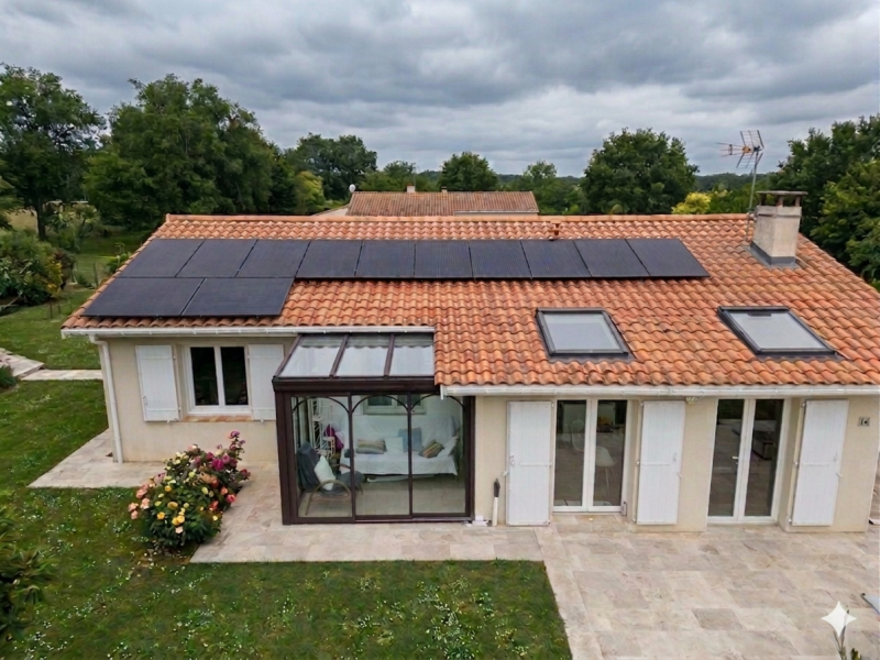 Installation photovoltaïque de 6 kWc en surimposition sur une maison à Saint-Caprais-de-Bordeaux — 12 modules DualSun all-black plein sud.